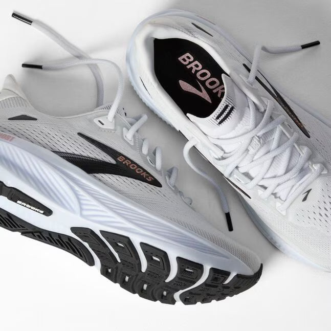 Brooks Women's Ghost 18 Sneaker in White/Black/Rose Gold