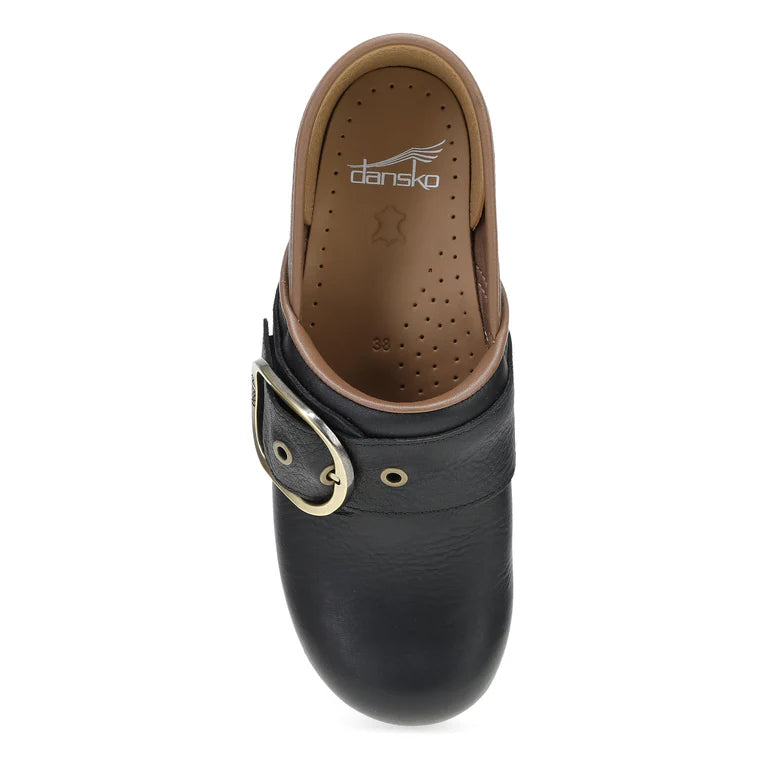 Dansko Women's Pearson Buckle Clog in Black Tumbled Leather