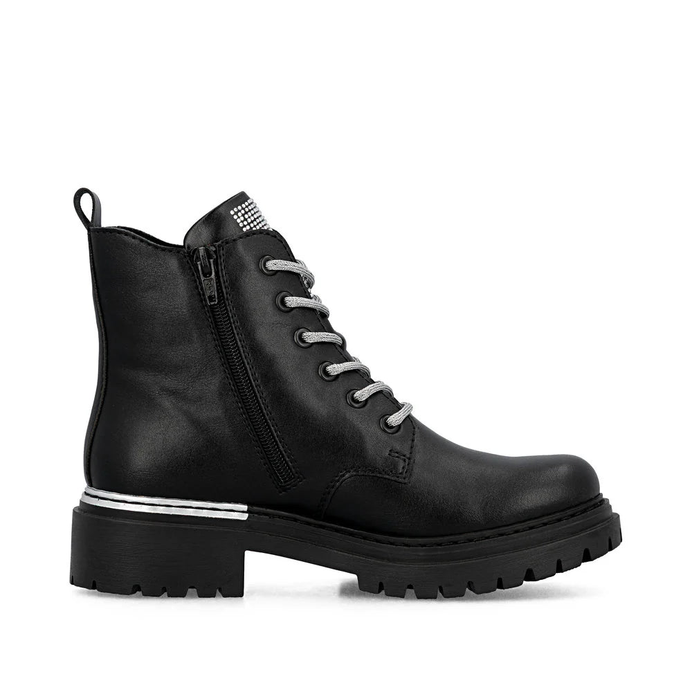 Rieker Women's Pearl 20 Side Zip Lace Boot in Black