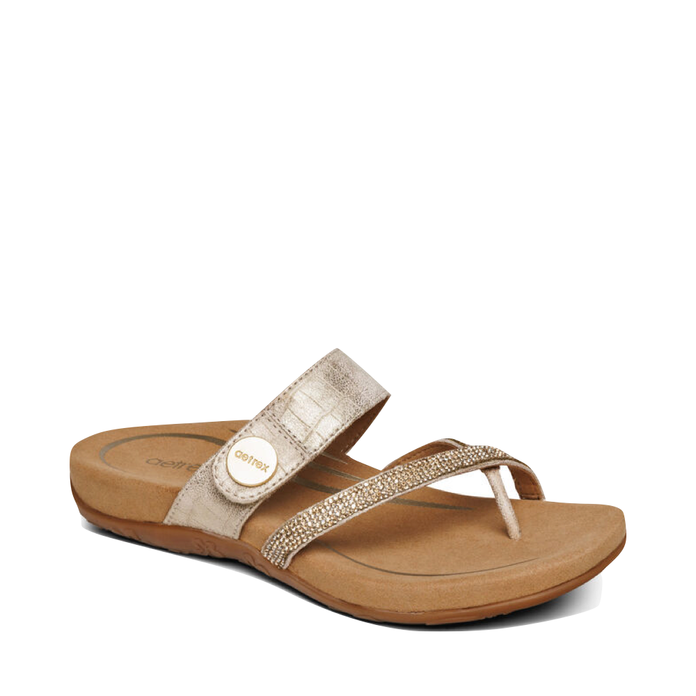 Toe view of Aetrex Izzy Adjustable Slide Sandal for women.