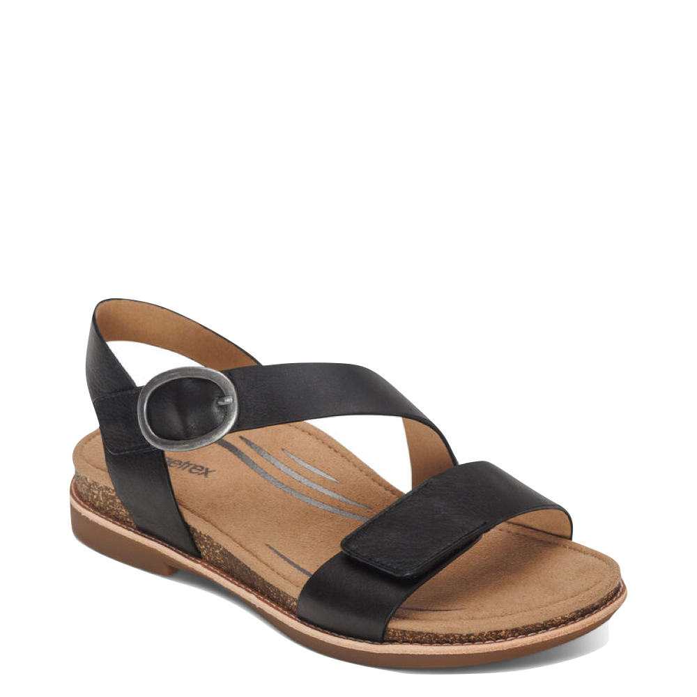 Toe view of Aetrex Tamara Asymmetrical Quarter Strap Sandal for women.