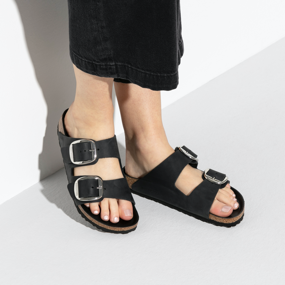 Model view of Birkenstock Arizona Oiled Leather Big Buckle Sandal for unisex.