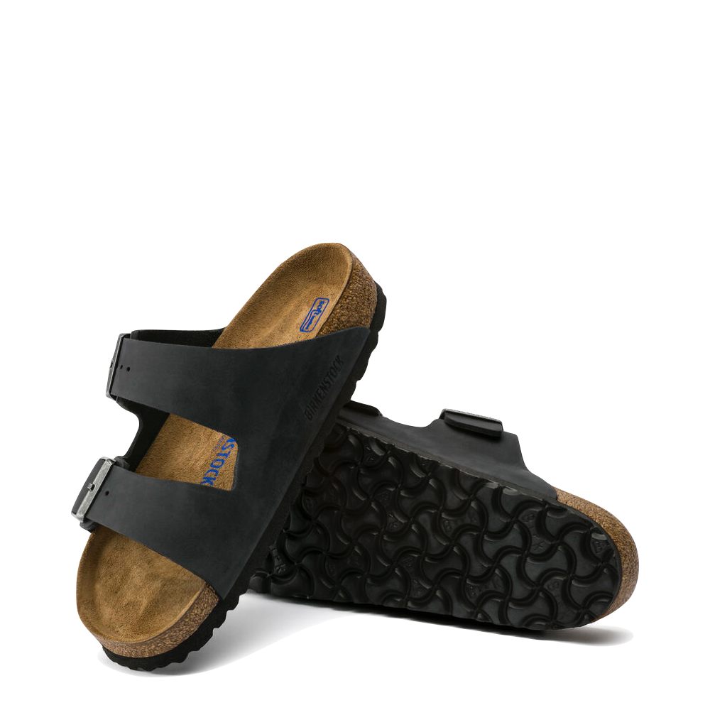 Side and bottom view of Birkenstock Arizona Oiled Leather Soft Footbed Sandal for unisex.
