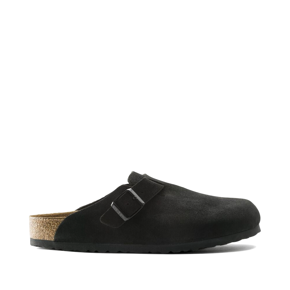 Side (right) view of Birkenstock Boston Suede Soft Footbed Clog for unisex.