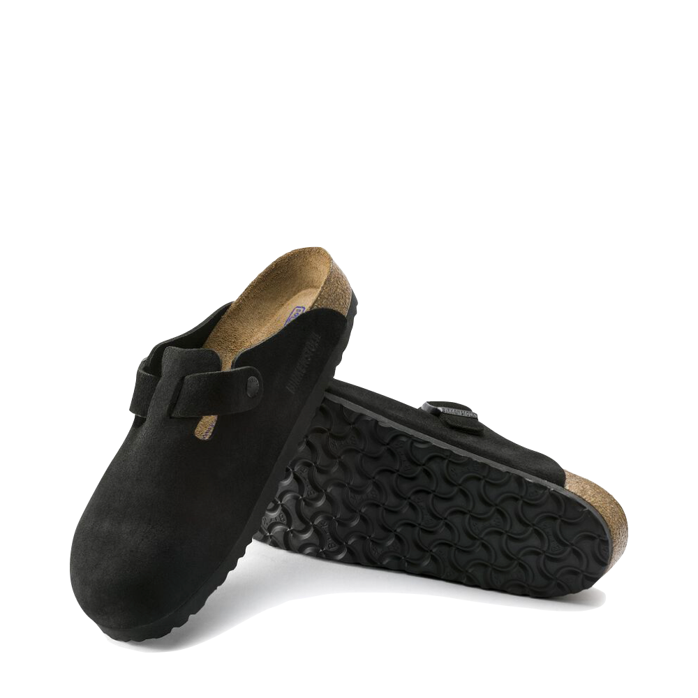 Side and Bottom view of Birkenstock Boston Suede Soft Footbed Clog for unisex.