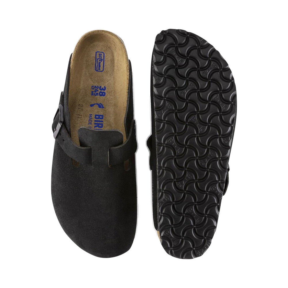 Top-down and Bottom view of Birkenstock Boston Suede Soft Footbed Clog for unisex.