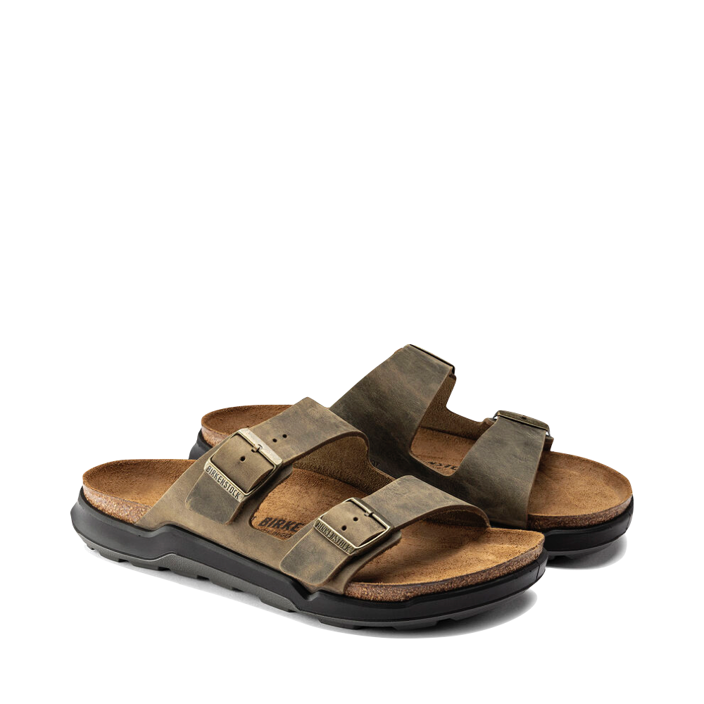 Birkenstock Men's Arizona Rugged Leather Slide Sandal in Faded Khaki