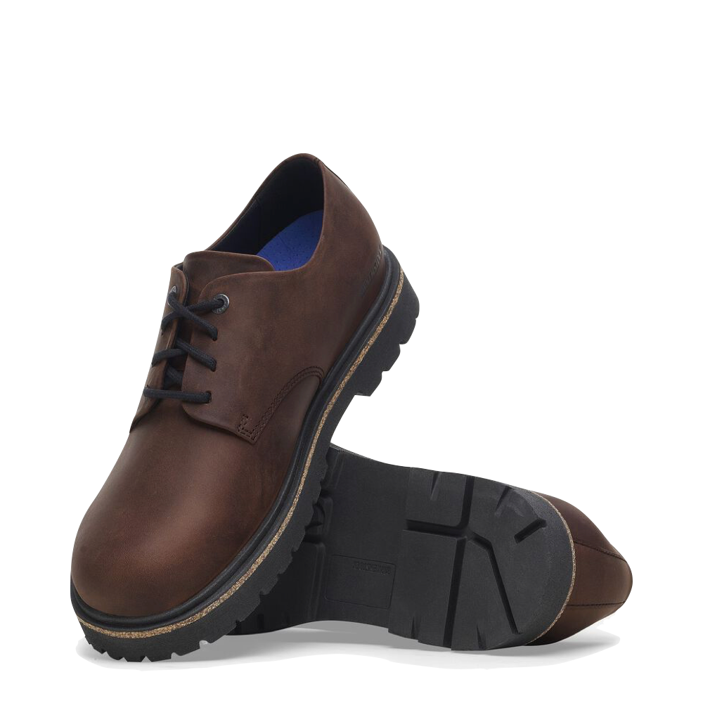Side and bottom view of Birkenstock Highwood Oiled Leather Low Lace for men.