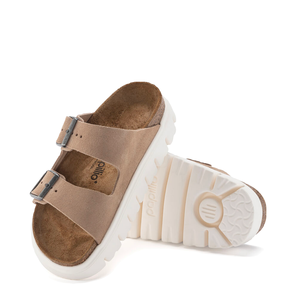 Side and bottom view of Birkenstock Arizona Chunky Suede Leather Slide Sandal for women.