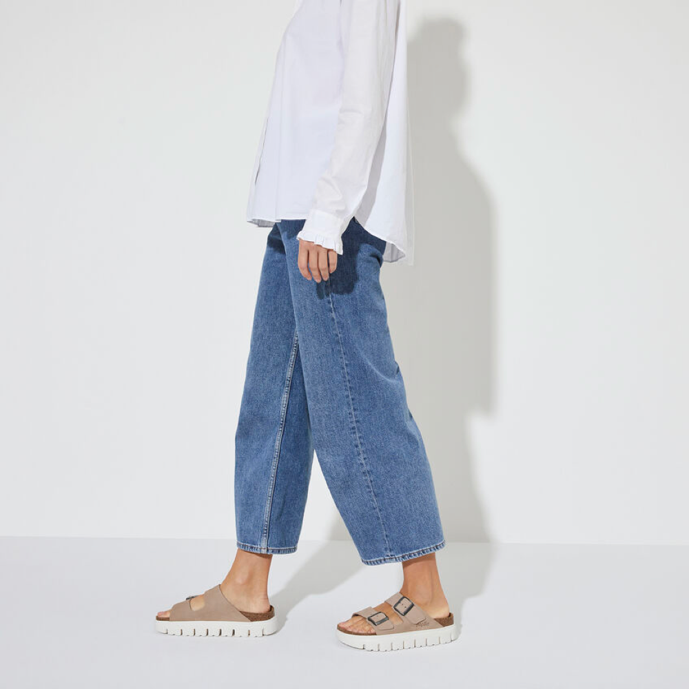 Model view of Birkenstock Arizona Chunky Suede Leather Slide Sandal for women.