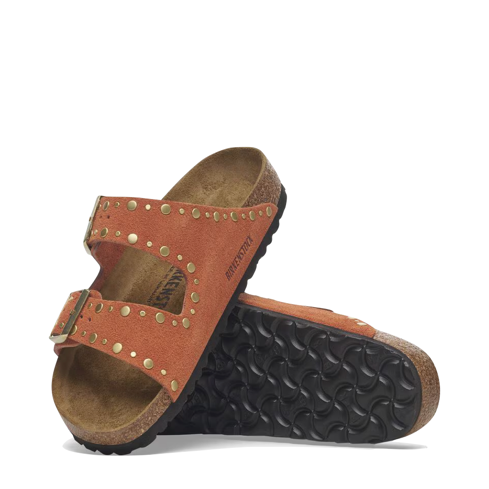 Top-down and bottom view of Birkenstock Arizona Rivet Suede Sandal for women.