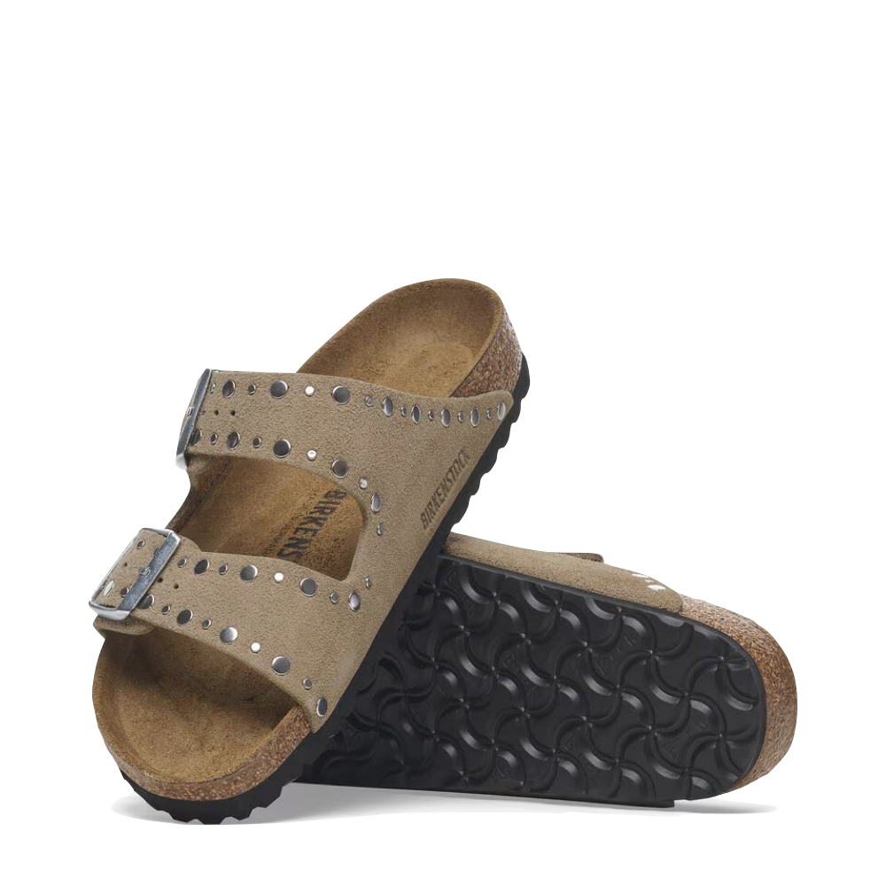 Top-down and bottom view of Birkenstock Arizona Rivet Suede Sandal for women.
