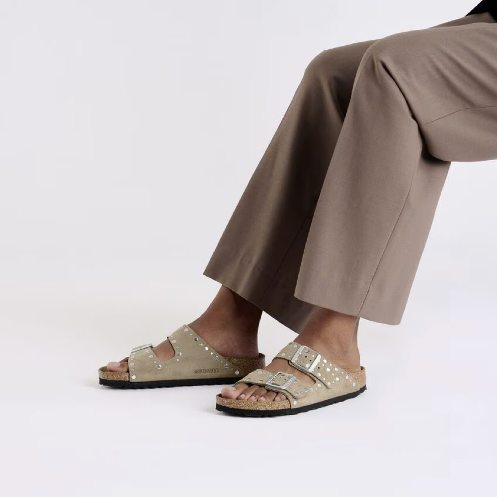 Model view of Birkenstock Arizona Rivet Suede Sandal for women.
