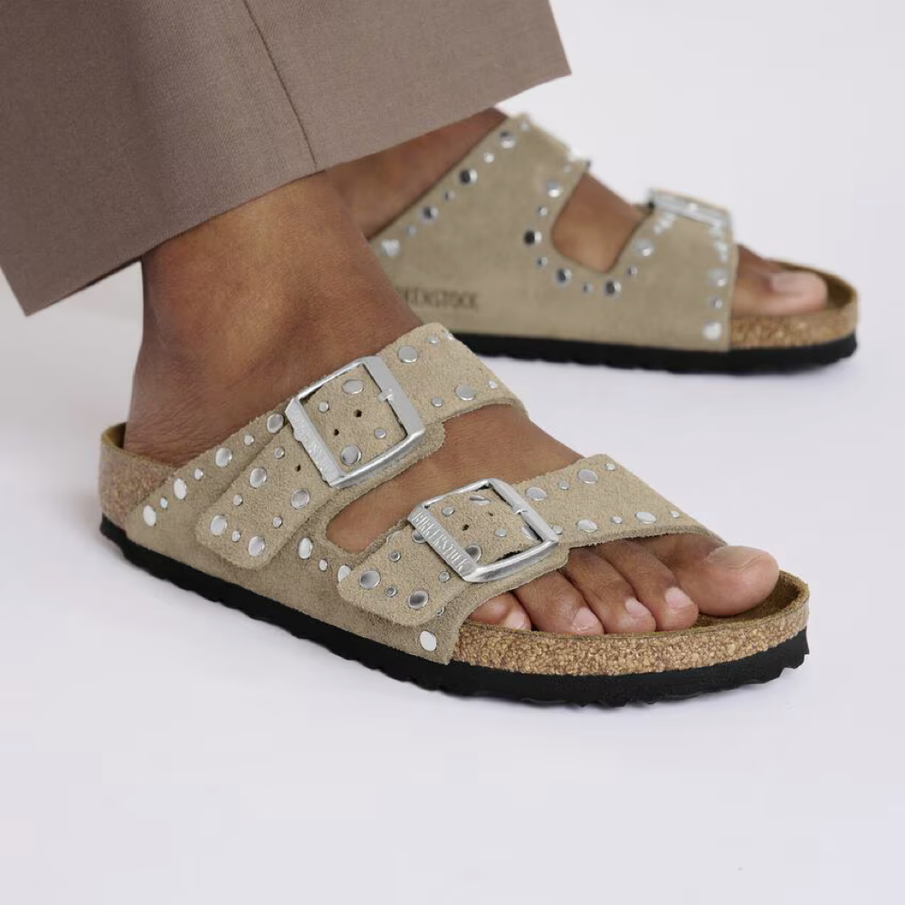 Model view of Birkenstock Arizona Rivet Suede Sandal for women.