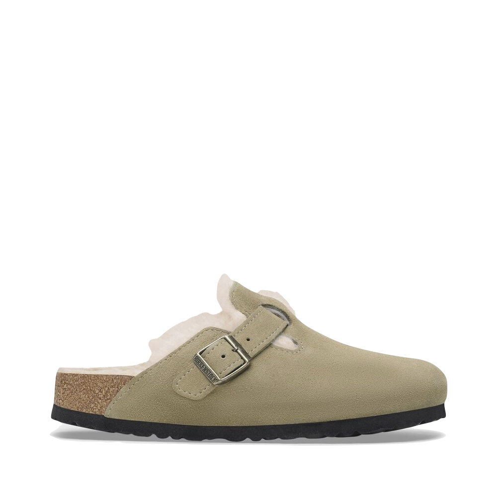 Side (right) view of Birkenstock Boston Shearling Suede Leather Clog for women.