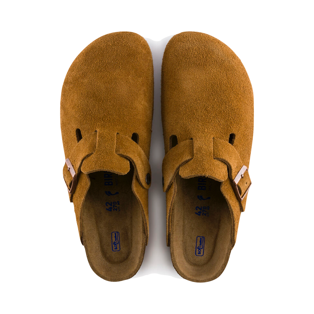 Top-down view of Birkenstock Boston Suede Leather Soft Footbed Clog for women.