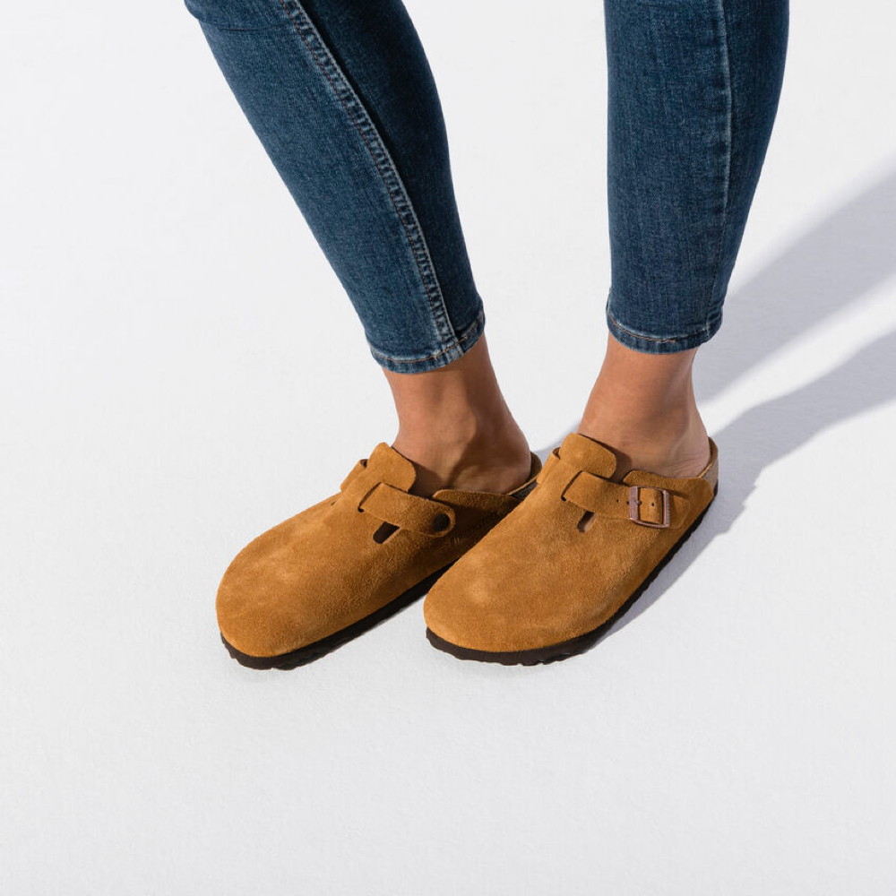 On model view of Birkenstock Boston Suede Leather Soft Footbed Clog for women.