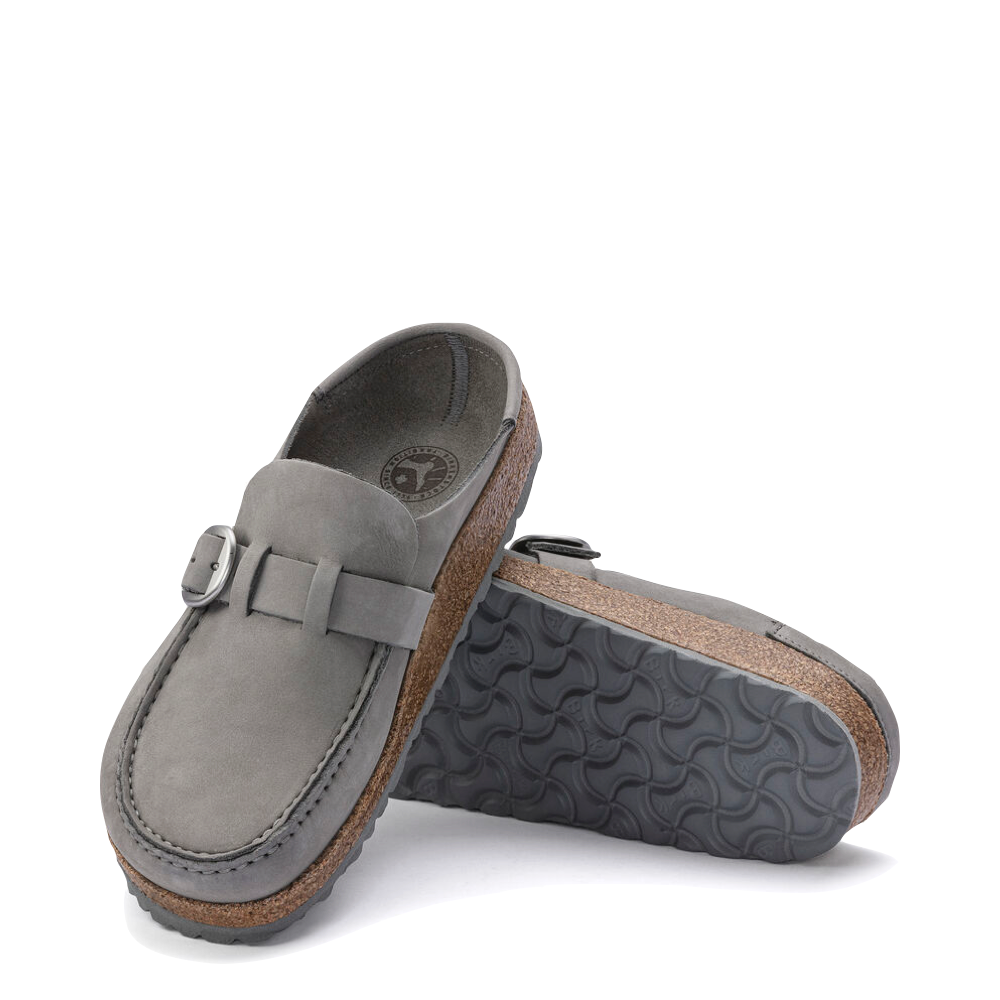 Top-down and bottom view of Birkenstock Buckley Suede Clog for women.