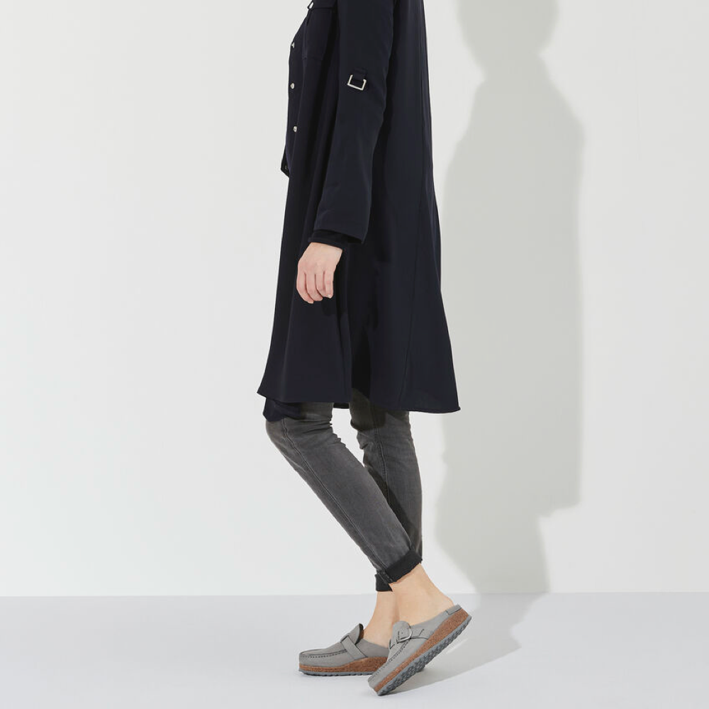 Model view of Birkenstock Buckley Suede Clog for women.