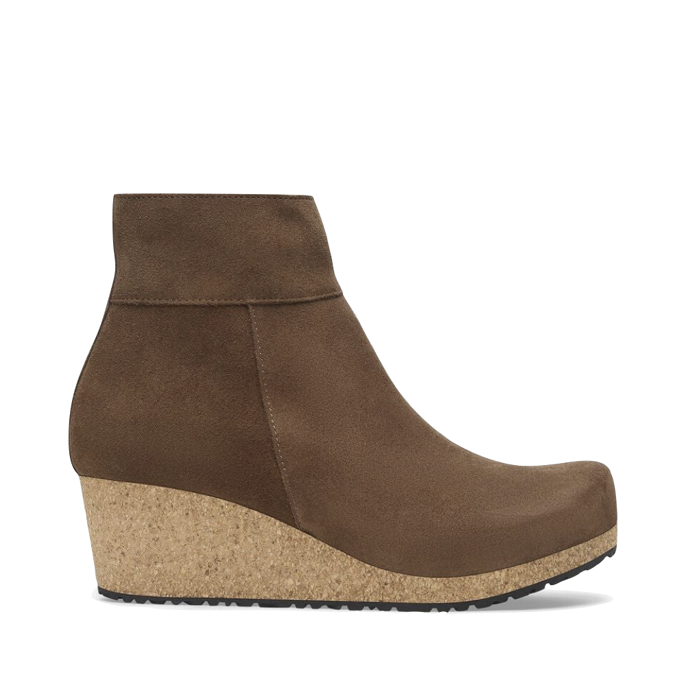 Side (right) view of Birkenstock Ebba Side Zip Suede Wedge Boot for women.