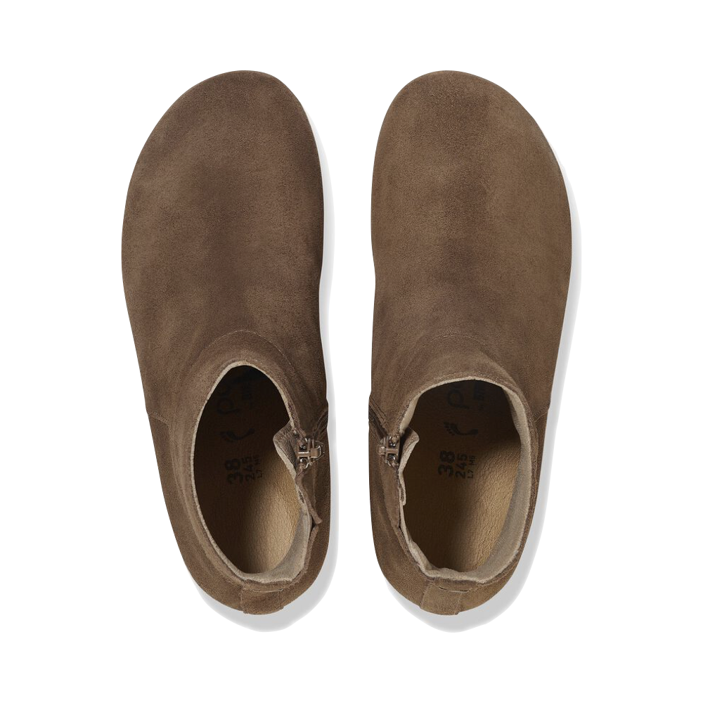 Top-down view of Birkenstock Ebba Side Zip Suede Wedge Boot for women.