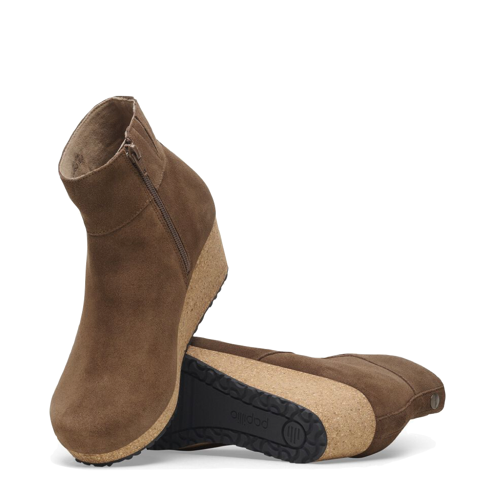 Top-down and bottom view of Birkenstock Ebba Side Zip Suede Wedge Boot for women.