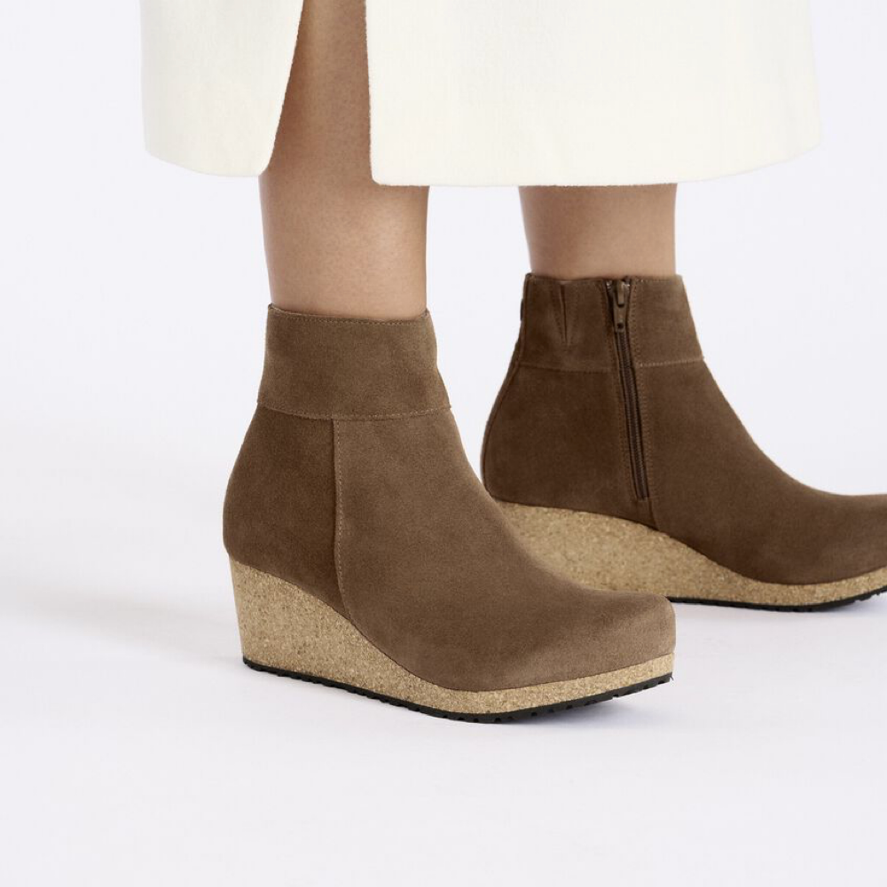 Model view of Birkenstock Ebba Side Zip Suede Wedge Boot for women.