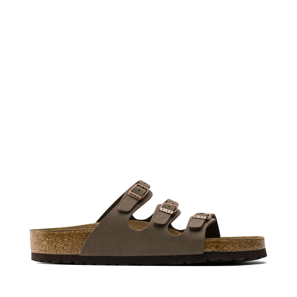 Side (right) view of Birkenstock Florida Soft Footbed Birkibuc Sandal for women.