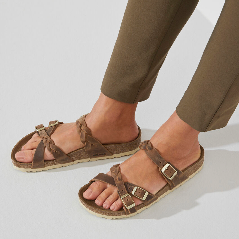 Model view of Birkenstock Franca Braid Oiled Leather Sandal for women.