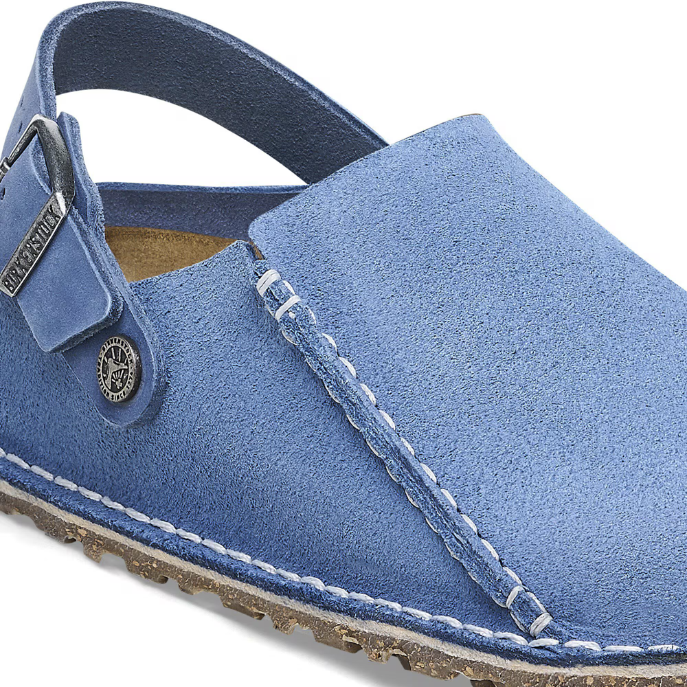 Detail view of Birkenstock Lutry Premium Suede Leather Clog for women.