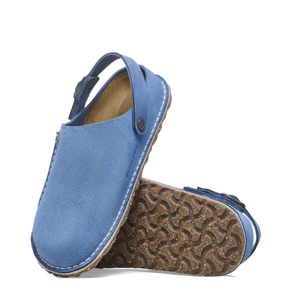 Top-down and bottom view of Birkenstock Lutry Premium Suede Leather Clog for women.