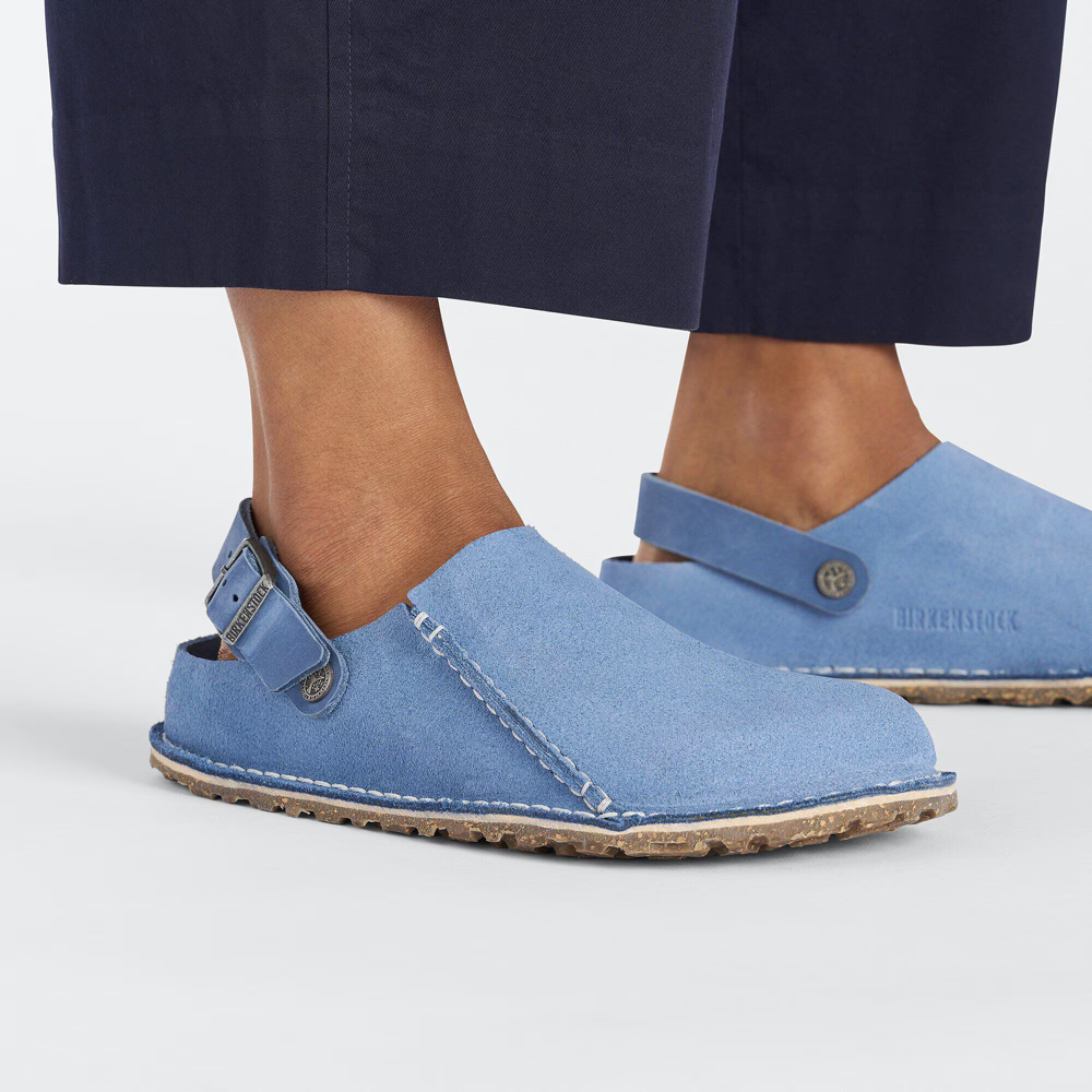Model view of Birkenstock Lutry Premium Suede Leather Clog for women.