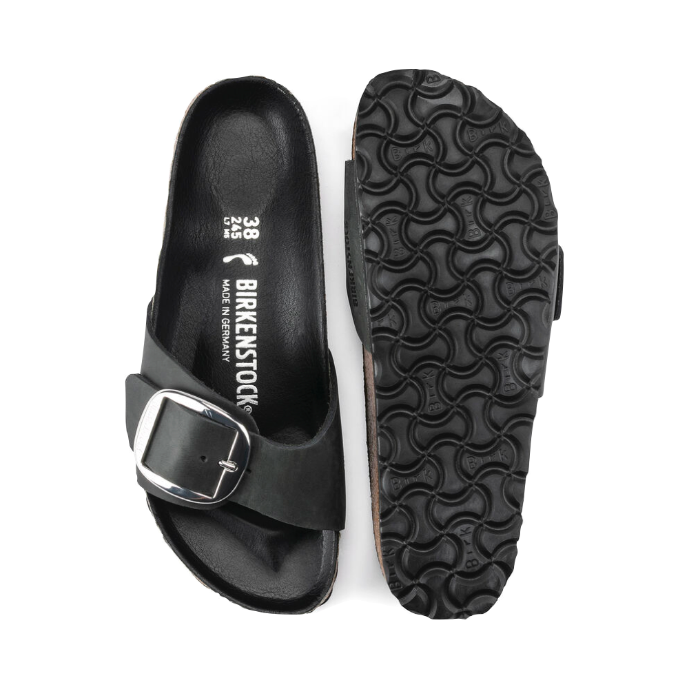 Top-down and bottom view of Birkenstock Madrid Big Buckle Oiled Leather Sandal for women.