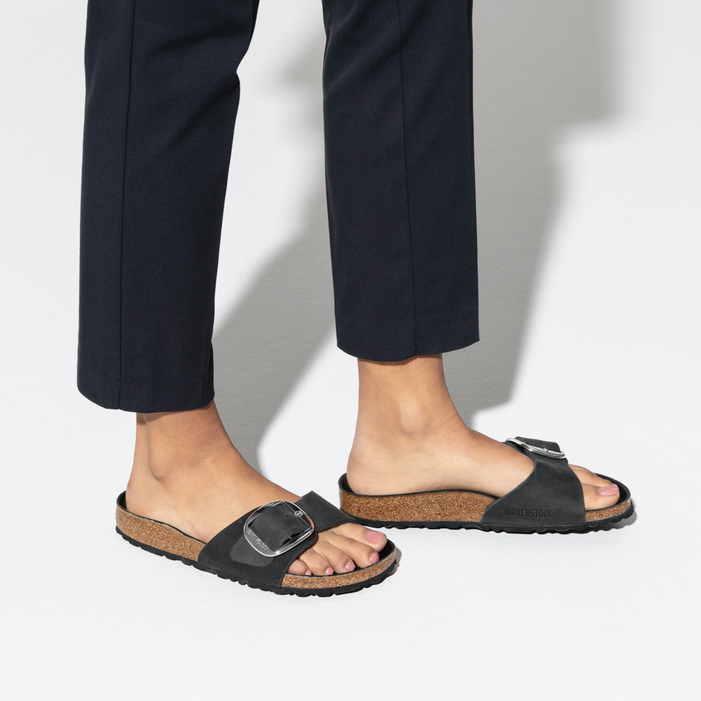 Model view of Birkenstock Madrid Big Buckle Oiled Leather Sandal for women.