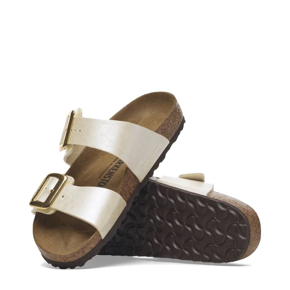 Top-down and bottom view of Birkenstock Sydney Luxe Buckle Birko-Flor Sandal for women.