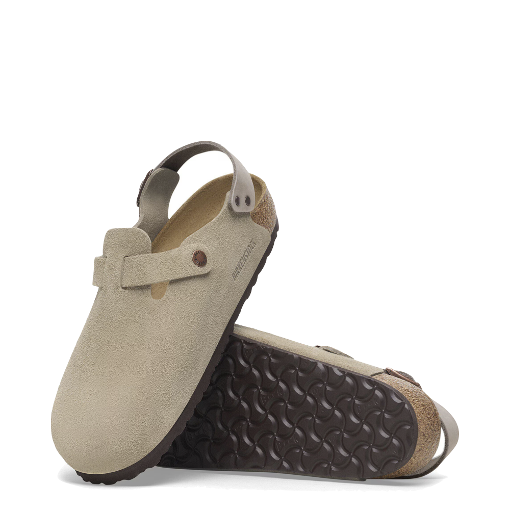 Top-down and bottom view of Birkenstock Tokio Suede Leather Clog for women.