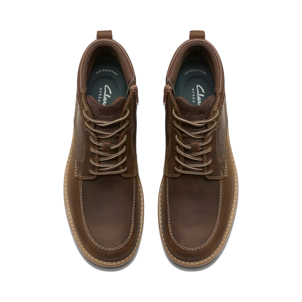 Top-down view of Clarks Morewell Zip Waterproof Leather Boot for men.