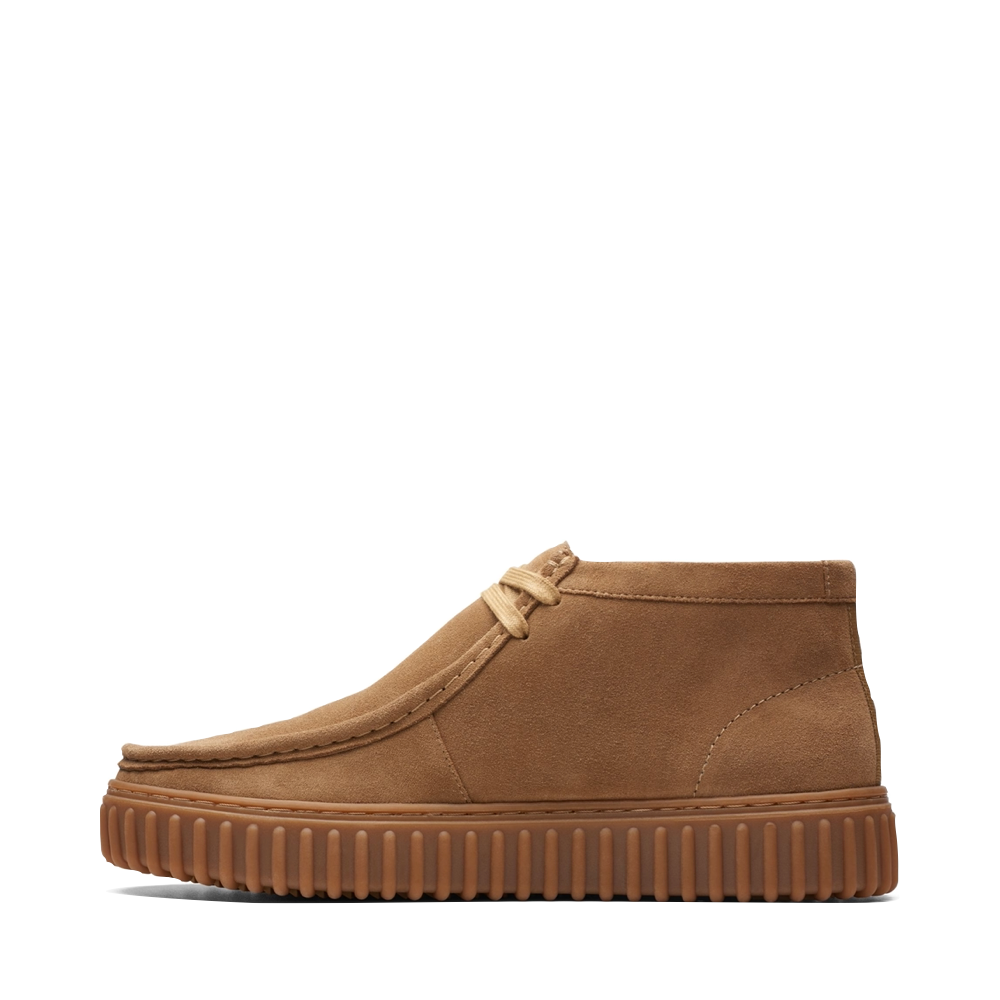 Side (left) view of Clarks Torhill Hi Suede Moc Toe Lace Boot for men.