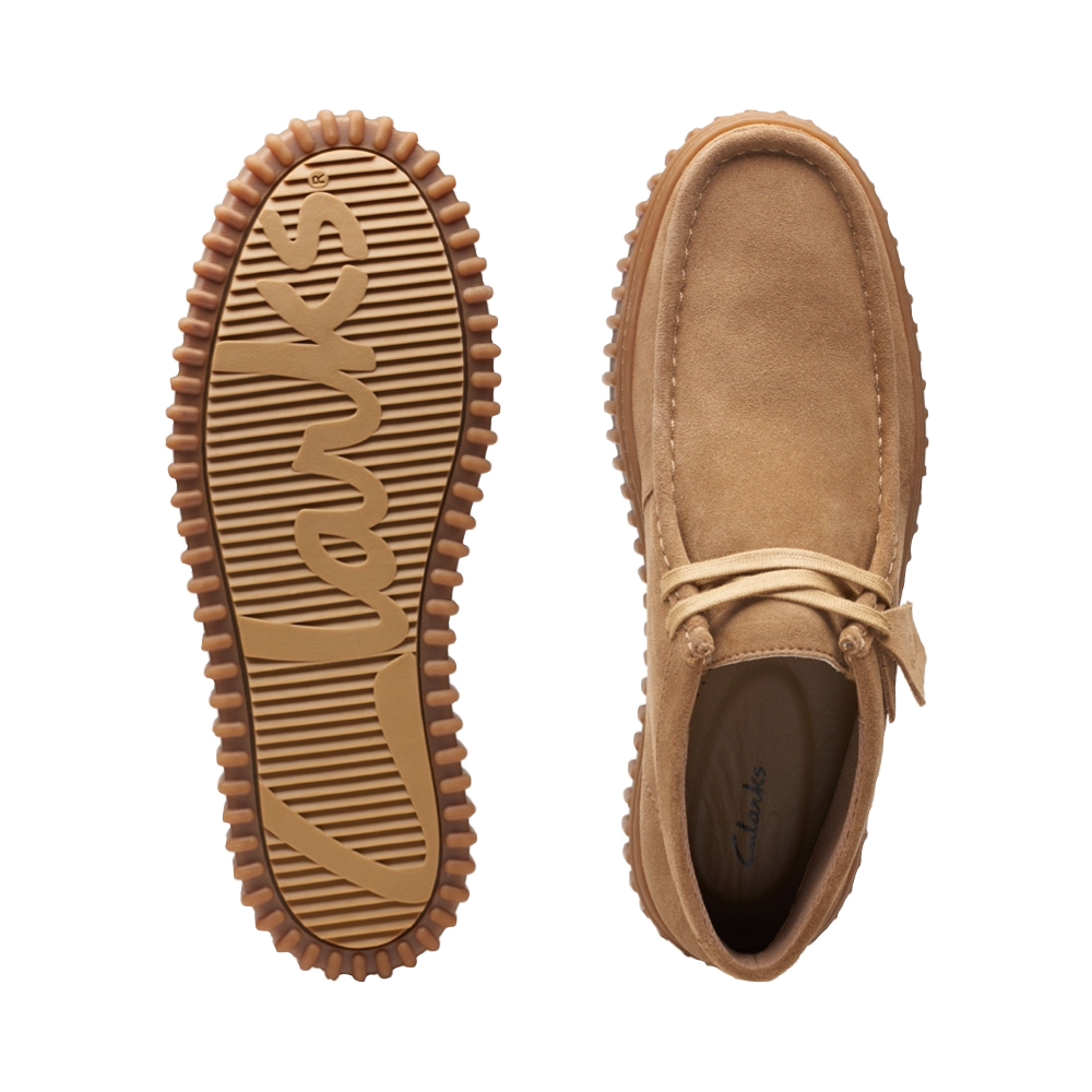 Top-down and bottom view of Clarks Torhill Hi Suede Moc Toe Lace Boot for men.