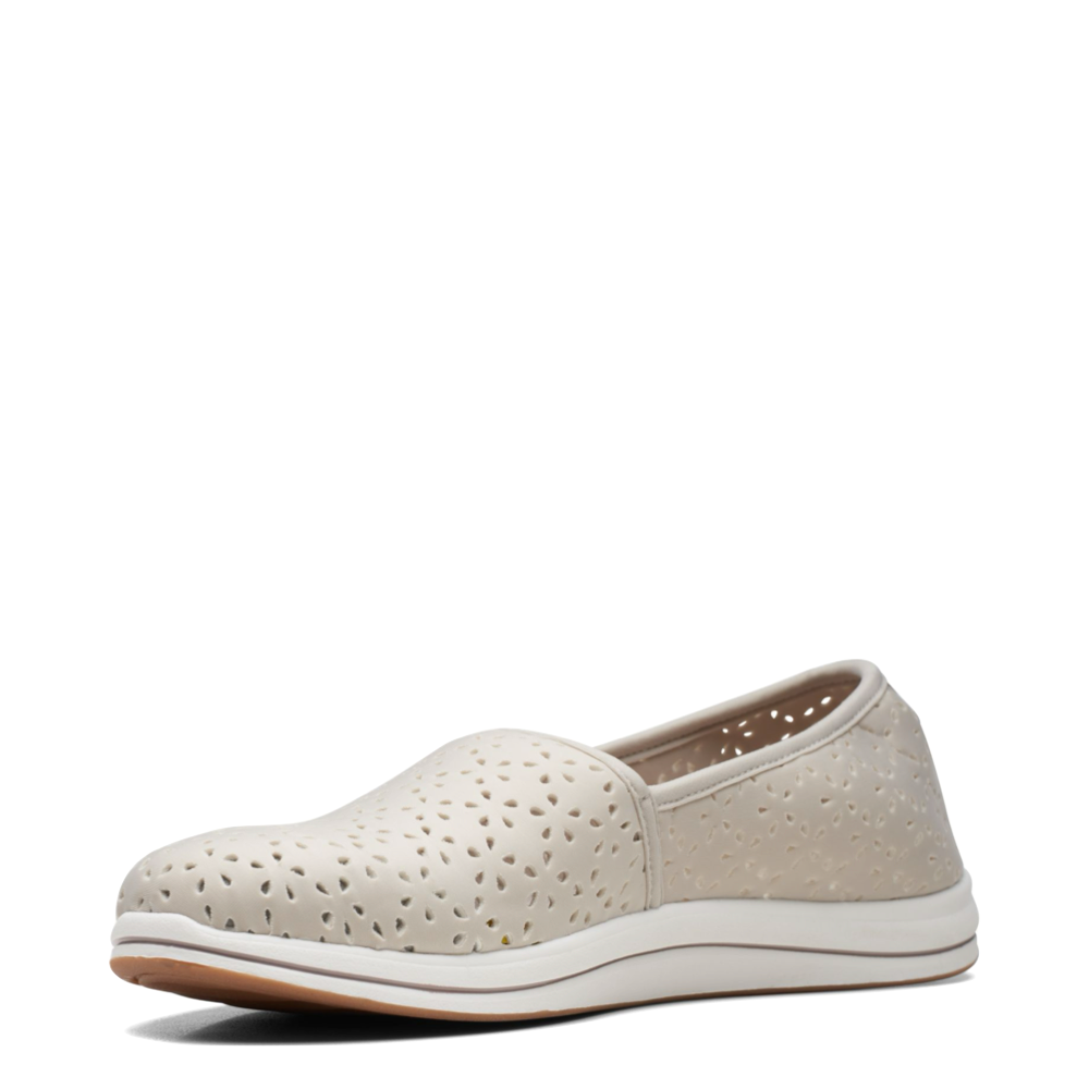 Reverse Mudguard and Toe view of Clarks Breeze Emily Perfed Slip On for women.