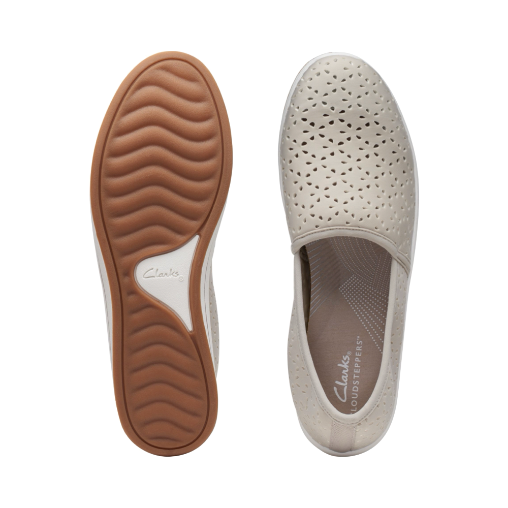 Top down and bottom view of Clarks Breeze Emily Perfed Slip On for women.