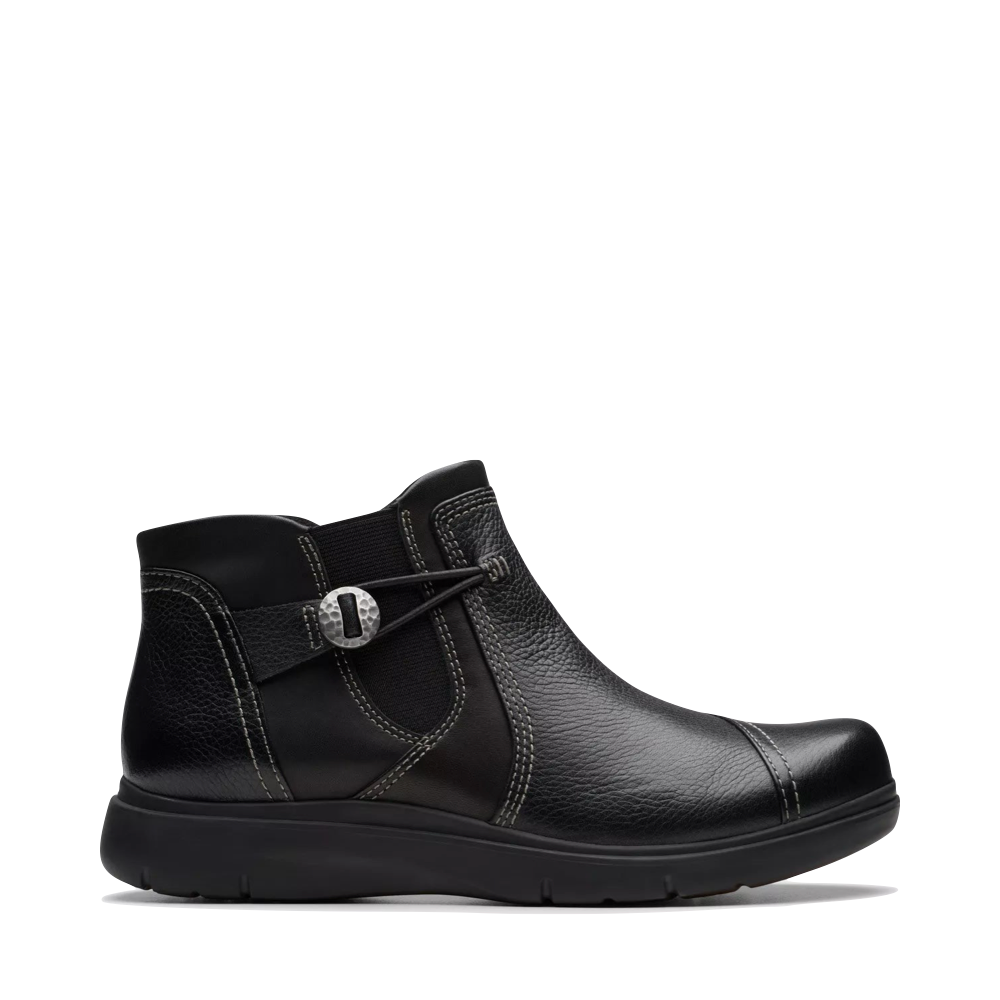 Side (right) view of Clarks Certina Joy Leather Side Zip Ankle Boot for women.