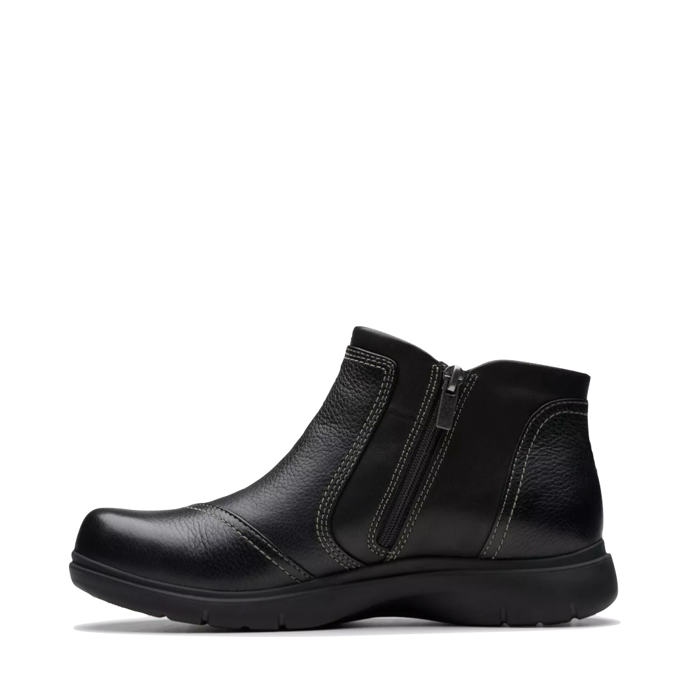 Side (left) view of Clarks Certina Joy Leather Side Zip Ankle Boot for women.
