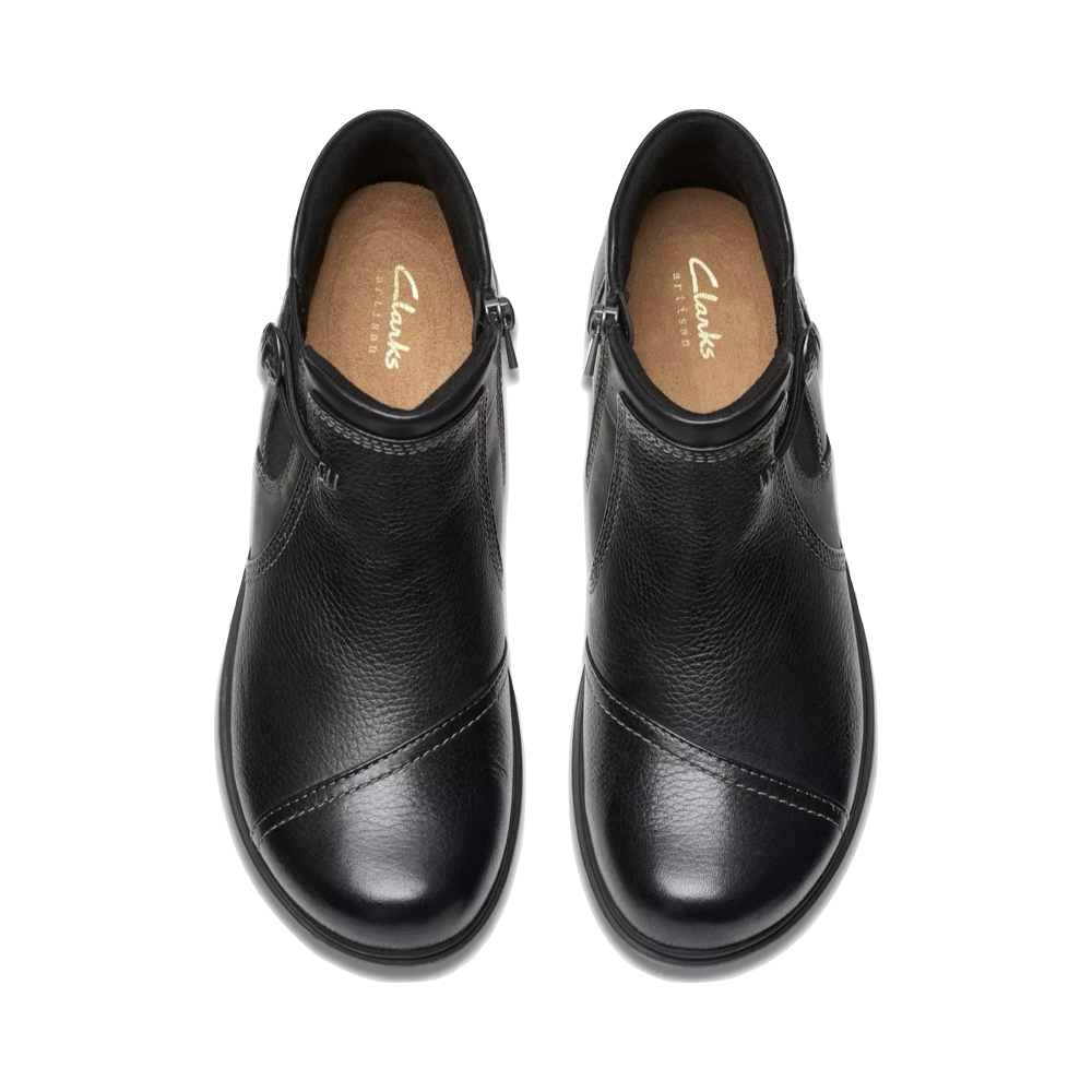 Top-down view of Clarks Certina Joy Leather Side Zip Ankle Boot for women.