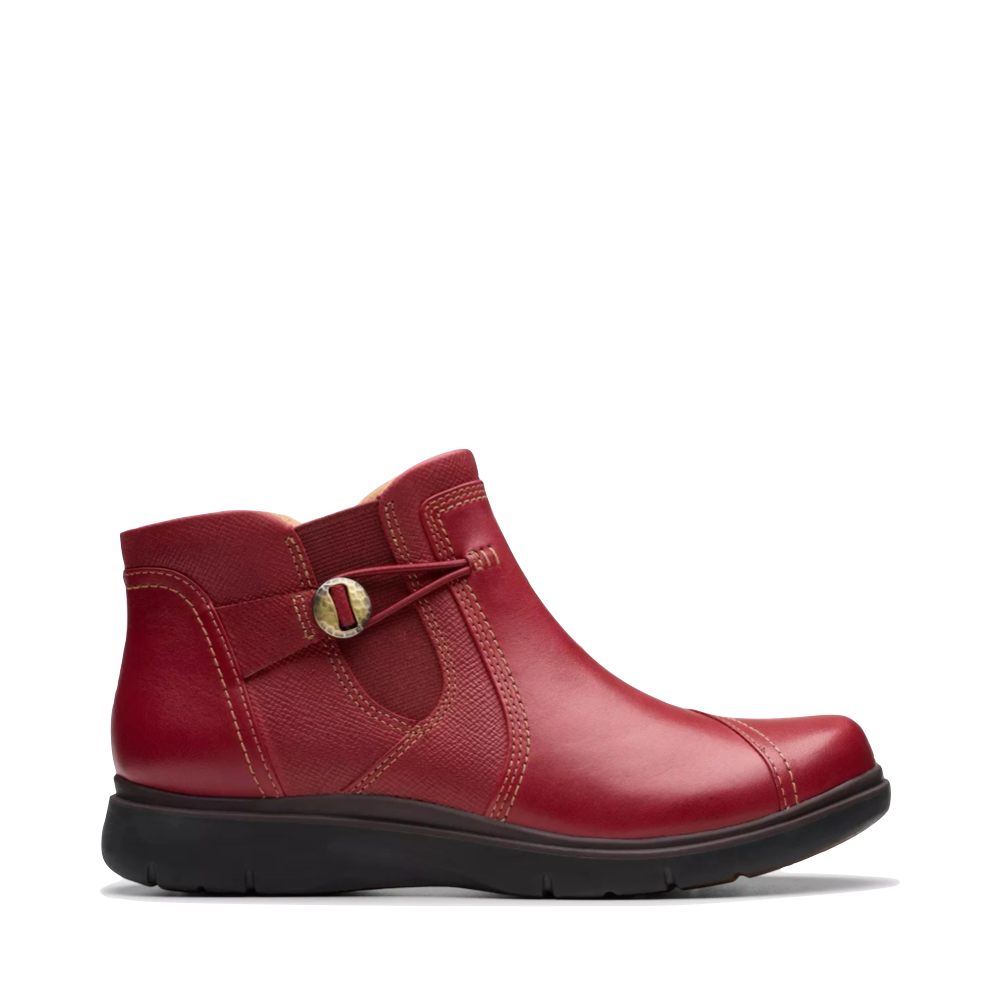 Side (right) view of Clarks Certina Joy Leather Side Zip Ankle Boot for women.