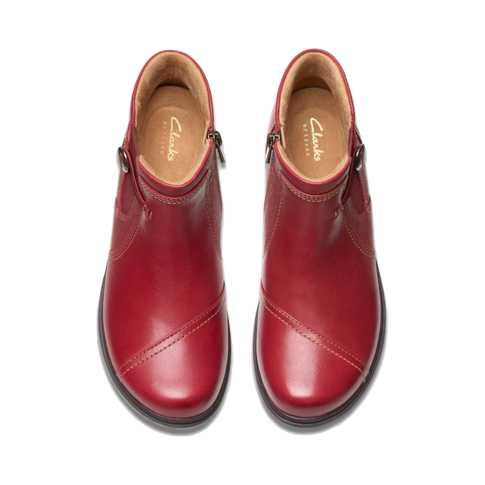 Top-down view of Clarks Certina Joy Leather Side Zip Ankle Boot for women.