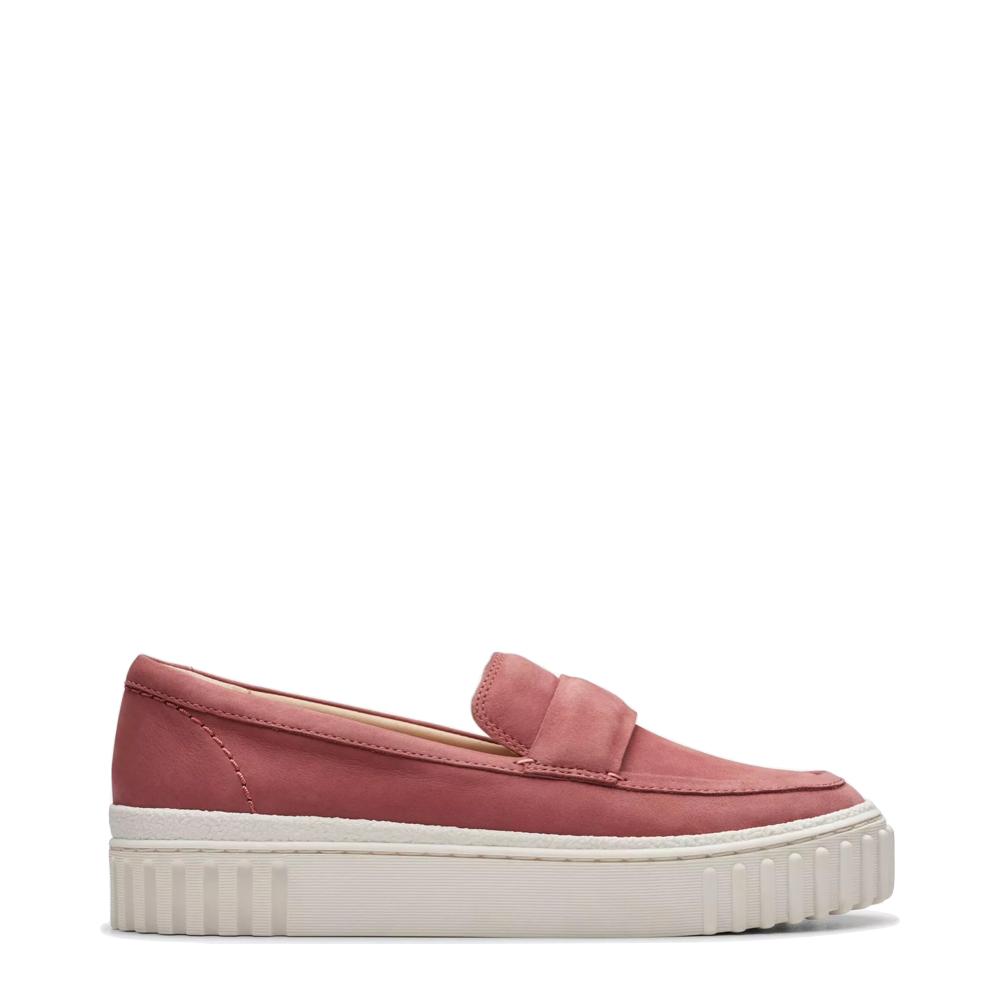 Side (right) view of Clarks Mayhill Cove Nubuck Loafers for women.