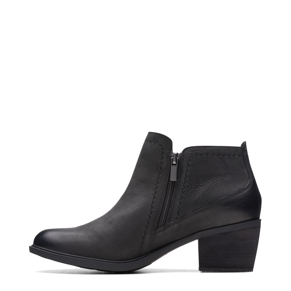 Side (left) view of Clarks Neva Lo Side Zip Ankle Boot for women.