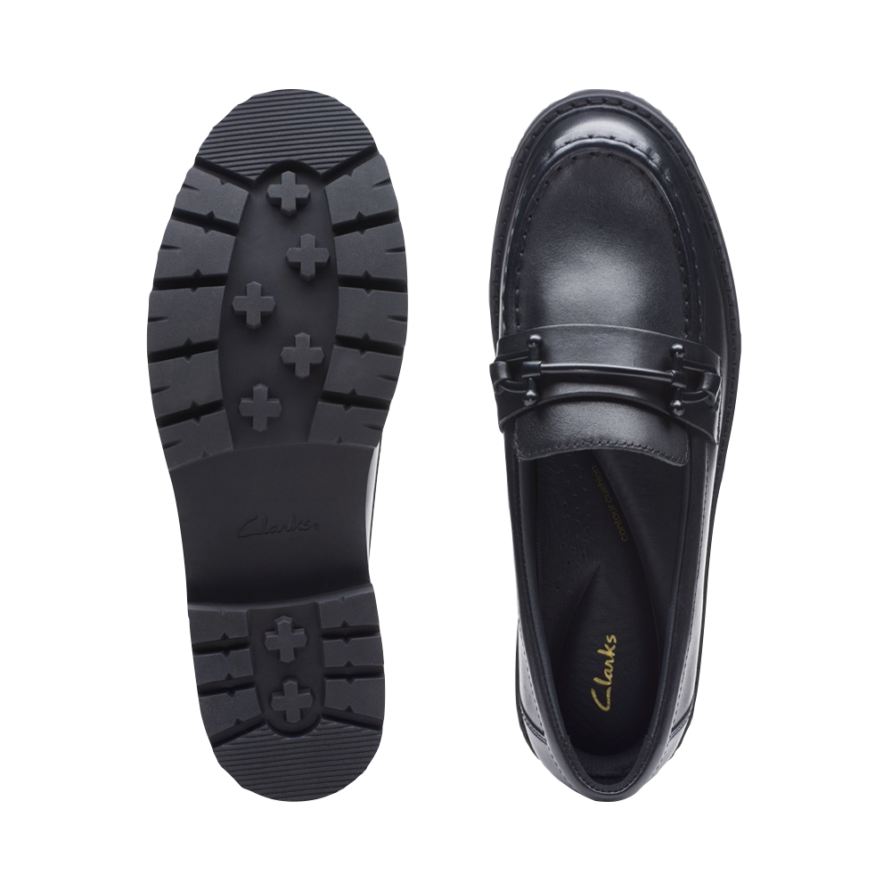 Top-down and bottom view of Clarks Orianna Bit Leather Loafer for women.