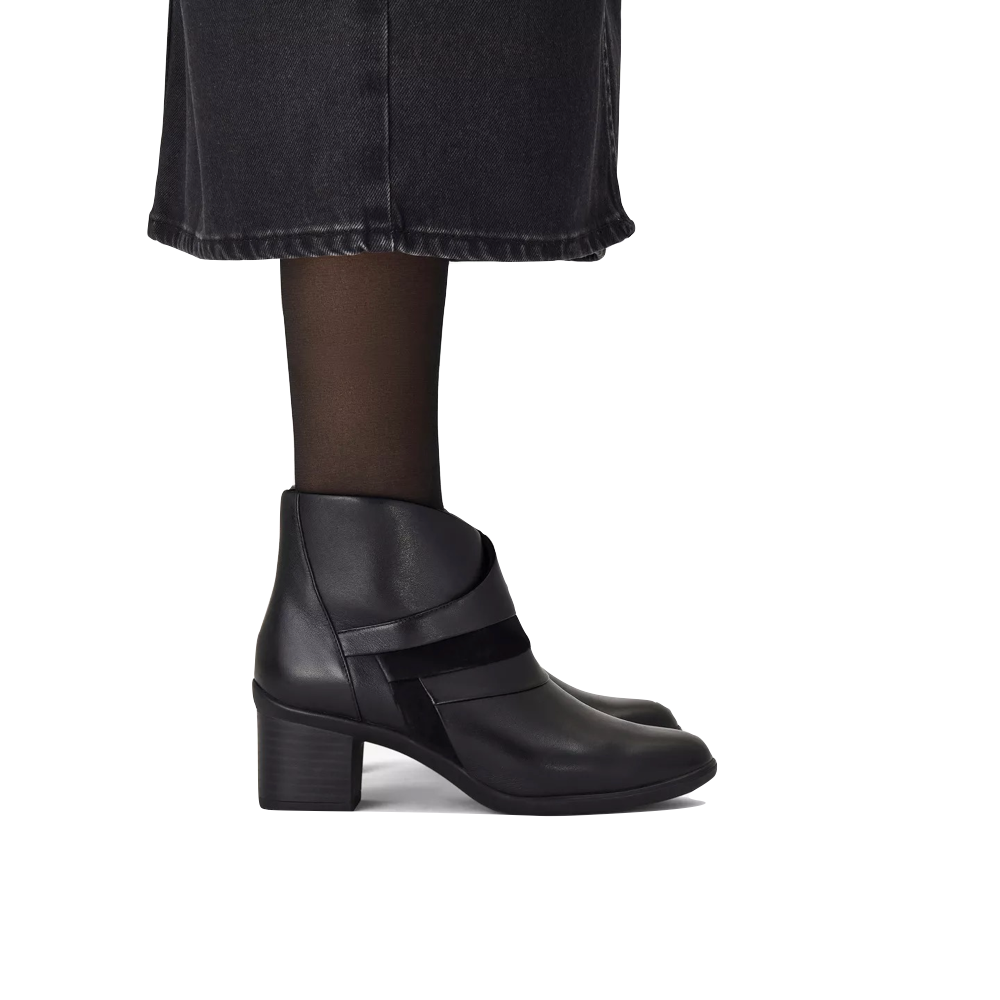 Model view of Clarks Shaya Sky Heeled Ankle Boot for women.
